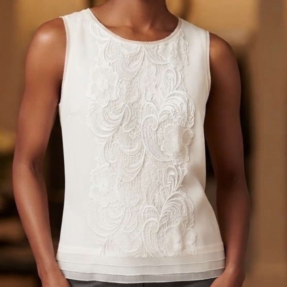 White House Black Market Silk Lace Front Sleeveless Blouse Ivory Small NWT